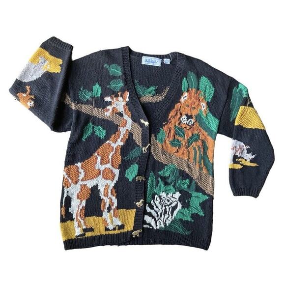 Belle Pointe Novelty Jungle Safari Cardigan Knit Sweater VTG 90s XL Women RARE - Picture 1 of 12